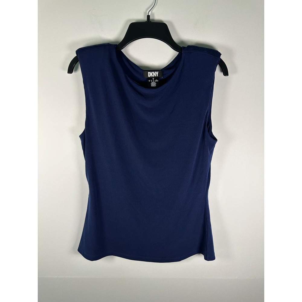 DKNY Top Womens S Navy Sleeveless Stretch Polyester Shell Tank Draped Back Solid